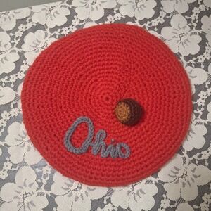 Handmade Red Ohio‎ Crochet Knit Beret Hat Featuring a Brown Acorn